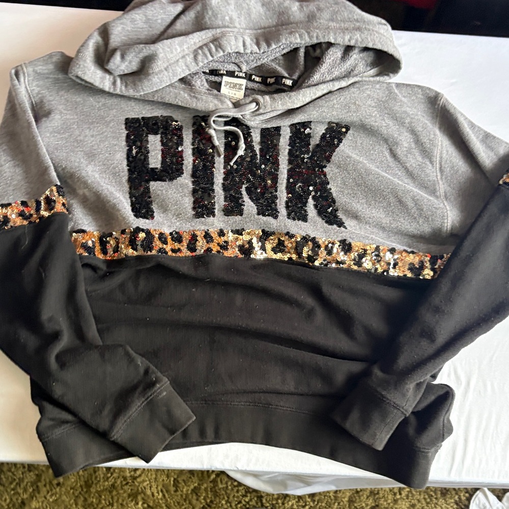 PINK Victoria's Secret Gray Hoodie with Black cheetah print Sequins